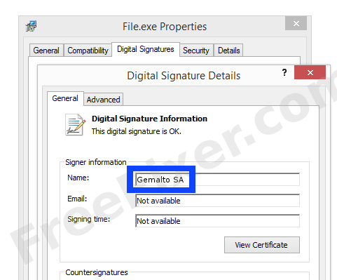 Screenshot of the Gemalto SA certificate